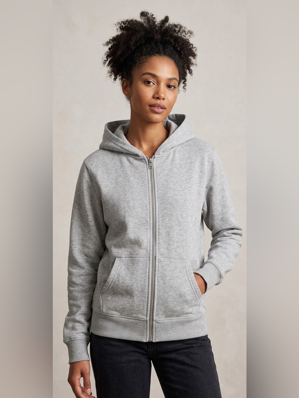 Classic Light Gray Full-Zip Hooded Sweatshirt